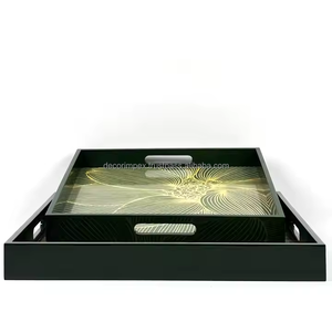 Bandeja de laca de MDF rectangular con estampado de flores abstractas verdes brillantes, bandeja de servicio decorativa hecha a mano para el hogar y la cocina - Product Image 5