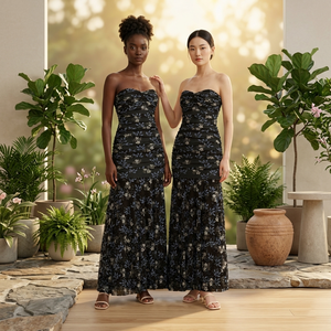 Abito Lungo Elegante Senza Spalline con Ricami Floreali in Tulle, Vestito da Sera Formale Arricciato per Donne - Product Image 2