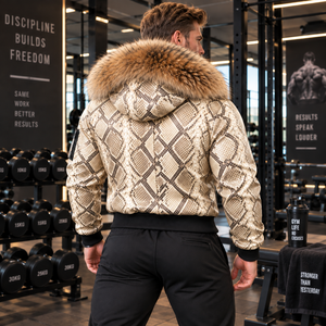 <b>Men's</b> Python Leather Zip <b>Jacket</b> with Luxurious Fur Hood Designer Streetwear Coat | Herren Lederjacke | Chaqueta Hombre Cuero - Product Image 6