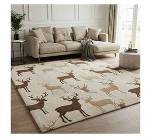 Alfombra beige con diseño de ciervos y estilo rústico para sala de estar, 100% lana de Nueva Zelanda, hecha a mano con diseño moderno. - Product Image 3