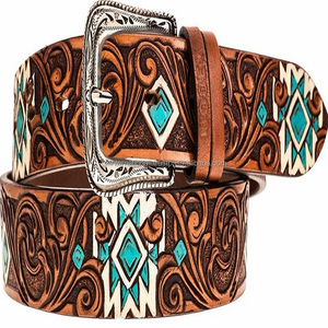 Cinturón de herramientas de cuero occidental de moda para hombre grabado tallado a mano colorido cinturón de vaquero de cuero con hebilla floral - Product Image 6