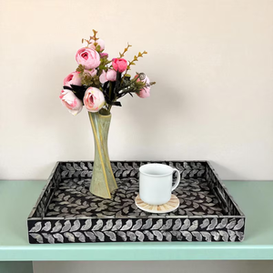 Handmade <b>Rectangle</b> Black Mother of Pearl Inlay Serving Tray - Leaf Pattern Server - Decorative Centerpiece for <b>Coffee</b> <b>Table</b> - Product Image 4