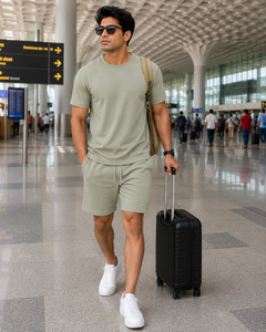 Unisex Summer 2-Piece <b>Knitted</b> Cotton Terry Fabric T-Shirt Shorts <b>Set</b> Short Sleeve Solid Color Eco-Friendly Breathable - Product Image 5