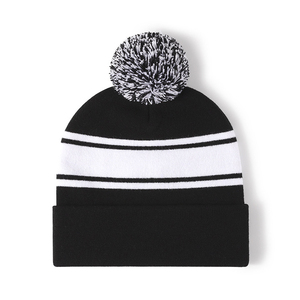Unisex Striped Beanie <b>Hat</b> With Pom-Pom Knitted Winter <b>Cap</b> Casual Style 100 Acrylic Cuffed Design For Adults 56-58CM Head - Product Image 3
