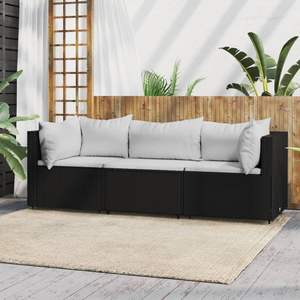 Set salotto in 3 pezzi in Poly Rattan nero con cuscini eleganti mobili da esterno - Product Image 1