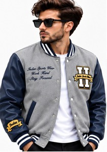 Chaqueta Varsity de PU para Hombre, Estilo Preppy, con Logotipo Bordado y Parches, Cuello Camisero, Corte Regular, para Otoño - Product Image 3