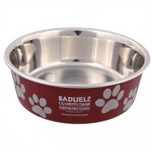 Bol pour animaux de compagnie en acier inoxydable 1,5 L rouge avec motif de patte pour chiens et chats - Product Image 2