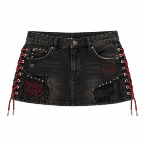 Mini-jupe en jean Rogue Lace pour femme, jupe taille basse noire délavée style Y2K punk streetwear avec lacets latéraux rouges - Product Image 1