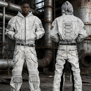 Ensemble de survêtement unisexe en denim délavé foncé, veste boutonnée pleine longueur, coupe classique, style streetwear décontracté, 100 % coton, poids moyen, respirant - Product Image 4