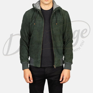 Veste bomber à capuche en daim vert olive pour homme, coupe slim, décontractée, zippée, en daim véritable, douce, tendance, vêtement d'extérieur - Product Image 4