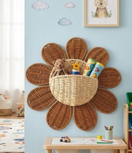 Panier mural en rotin tressé artisanal en forme de fleur avec poche de rangement en fibre naturelle pour décoration murale suspendue, chambre d'enfant - Product Image 4