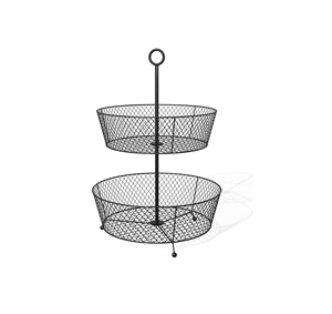 Panier de rangement moderne en fil métallique à 2 niveaux avec poignée, forme ronde, porte-fruits noir - Product Image 5