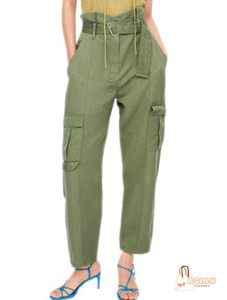 Pantalon cargo décontracté taille haute pour femme, 100 % coton, avec broderie et grandes poches, idéal pour l'automne - Product Image 2