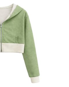 Sudadera con capucha corta personalizada para mujer, color verde salvia claro y forro polar de algodón, sudadera con capucha de bloques de color, chaqueta informal estilo streetwear. - Product Image 4