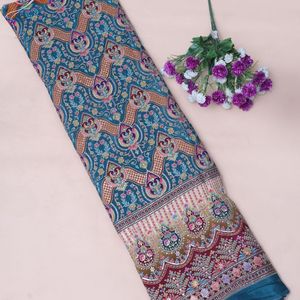 Peacock <b>Teal</b> Floral Lightweight Crepe Embroidery Fabric 54 Inch Designer Daman Border Yardage Kurti Anarkali Gown Salwar <b>Suit</b> - Product Image 3