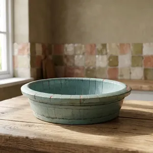 Bol vintage artisanal Belita Teal, bassin rond en bois vieilli, plateau décoratif rustique de style ferme pour centre de table - Product Image 2