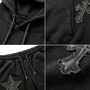 Conjunto Deportivo Gótico de 2 Piezas para Hombre, Sudadera con Capucha Extra Grande, Pantalones Deportivos con Apliques de Estrellas y Cruces, Fabricante OEM Personalizado al por Mayor - Product Image 4