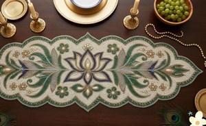 Oval Fabric Table <b>Runner</b> Handmade Oriental Floral Design <b>Green</b> Blue Embroidered Mat - Product Image 5