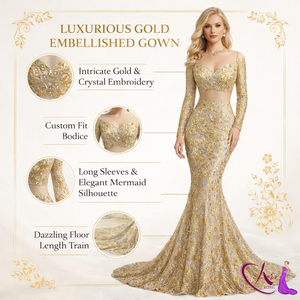 Luxury Gold Hand Beaded <b>Sequined</b> Mermaid Evening Gown Set Women | Sleeveless Crop <b>Top</b> Full Length Embroidery Sweetheart Party - Product Image 5