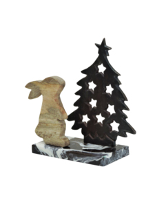Décoration de Noël en bois : Lapin et arbre en métal foncé avec découpes en forme d'étoile sur base en marbre tourbillonnant - Product Image 1