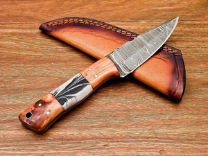 Damascus Steel Drop Point Fixed Blade <b>Knife</b> Wood Resin Handle Mosaic Pin Full Tang Hunting Skinner <b>EDC</b> Sheath Wholesale B2B OEM - Product Image 5