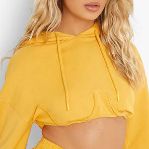 Women's <b>Pink</b> Hooded <b>Crop</b> <b>Top</b> Sweatshirt Full Sleeve Fleece Casual Solid Color Drop Shoulder Plain Dyed Pullover Hoodie - Product Image 5