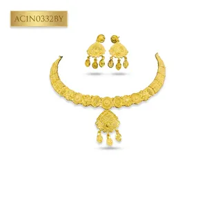 Elegant Indian Pattern 24K Gold Plated Brass African Wedding Charm Necklace Jewelry Set with Flower Design and Matching Earrings - Product Image 2