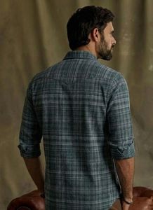 Enovate Men's <b>Emerald</b> Green Plaid 100% Cotton Summer <b>Dress</b> Shirt Double Breasted Full Sleeve Turn-down Collar Smart Casual - Product Image 3