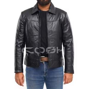 Chaqueta de Cuero Negra con Cierre, Estilo Cuello Camisero Versátil para Hombre - Product Image 5