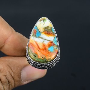 Vintage Bohemian 925 Silver Plated <b>Ring</b> Natural Spiny Oyster Turquoise Gemstone Statement Jewelry Unisex Daily Wear Gift - Product Image 2