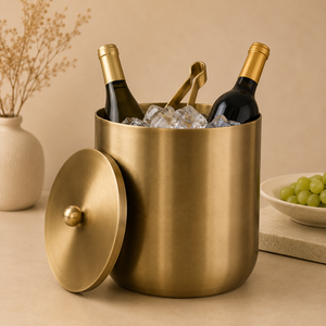 Arctic Brass Champagne <b>Bucket</b> <b>with</b> <b>Lid</b> Ice Tong Set Handcrafted Double Wall Wine Chiller for Modern Home Bar Display - Product Image 1