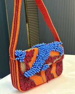 Handmade Embroidered Washable Beaded Rectangular <b>Handbag</b> with Blue <b>Red</b> Orange Pattern Textile Craft Art Collectible - Product Image 1