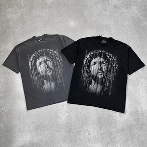 T-shirt graphique esthétique sombre pour homme, imprimé visage gothique, streetwear oversize, décontracté, en coton, tendance hip-hop - Product Image 3