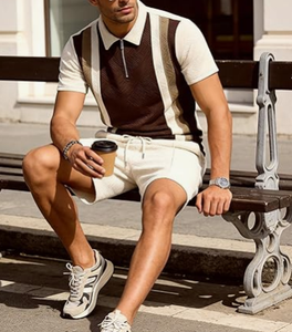 Ensembles de survêtements d'été pour hommes 2 pièces avec shorts, tenues de sport à manches courtes, polos de golf à quart de zip, chemises rayées en velours 100% - Product Image 5