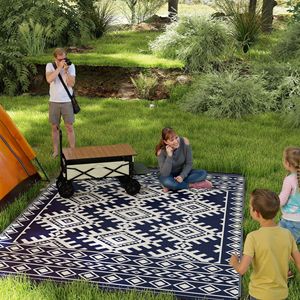 Tappeto da Esterno Reversibile Blu e Bianco con Bordo a Rombi 9FT X 12FT, Impermeabile in Paglia Plastica con Borsa per il Trasporto - Product Image 2