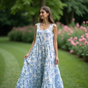 Vestido informal con estampado de vides blancas y azules de verano relajado con cuello redondo y estilo bohemio Maxi cómodo sin mangas para uso diario - Product Image 4
