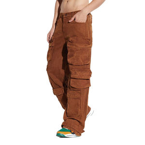 Pantalones Cargo de Mezclilla para Hombre, Color Sólido, Corte Holgado, Cintura Media, Pierna Ancha, para Invierno, 100% Algodón Lavado - Product Image 4