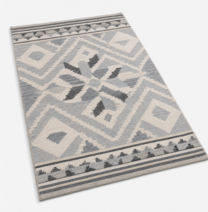 Alfombra Geométrica de Lana Gris Marfil con Motivo de Diamantes Nórdicos y Borde Tribal, Antideslizante, Ecológica, Hecha a Mano para Sala de Estar y Dormitorio - Product Image 2