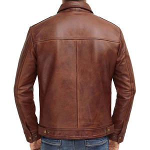 Veste moto en cuir véritable marron pour homme, col rabattu, fermeture éclair, coupe classique, pour l'automne - Product Image 2