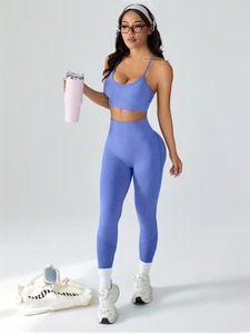Womens Seamless Activewear 2 Piece <b>Set</b> Strappy <b>Cami</b> Bra and Geometric Lattice Knit Leggings Tight Sport Yoga Suit Tracksuit - Product Image 3