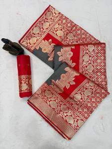 <b>Red</b> Banarasi Silk Saree For Women Luxury Zari Weaving Designer Wedding Party Wear Traditional Indian Ethnic Saree With <b>Blouse</b> - Product Image 1