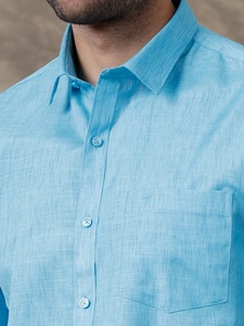 Camisa de Lino de Manga Corta para Hombre, Color Azul Cielo Oscuro, Cuello Clásico, Cierre de un Solo Botón, Camisa de Lino para Hombre, Camisa de Verano para Hombre - Product Image 4