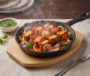 Poêle en fonte pré-assaisonnée avec becs verseurs et base en bois pour barbecue, service de plats chauds, usage professionnel en cuisine - Product Image 6