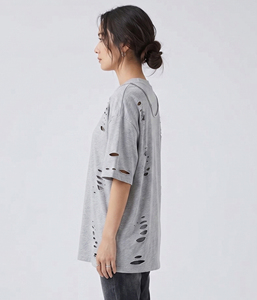Oversized Distressed T-Shirt Women 100% Cotton Drop Shoulder Distress Tee Shirt Ladies Crew Neck Short Sleeve Distressed T Shirt - Product Image 3