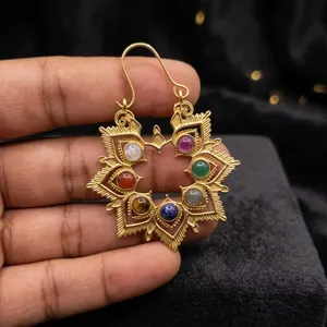 Natural 7 Chakra Brass <b>Earrings</b> | Handmade Healing Crystal <b>Earrings</b> | Gold Plated Brass Gemstone Dangle <b>Earrings</b> | Wholesale Jew - Product Image 5