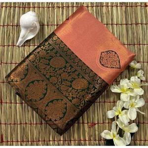 ATRACTIVA BANARASI SEDA COBRE ZARI TRABAJO DE TEJIDO SAREE CON BLUSA DESCOSADA - Product Image 1