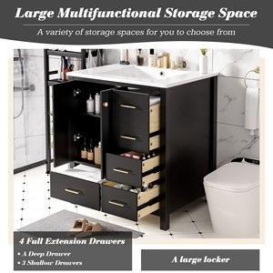 Mobile bagno freestanding da 30 pollici con 4 cassetti, telaio in legno massello e lavabo in resina - Combinazione mobiletto contenitore per bagno - Product Image 5