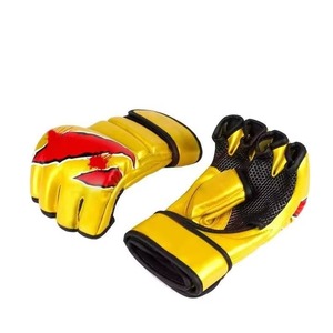 Guantes de Entrenamiento de Artes Marciales Amarillos de Medio Dedo con Diseño de Dragón Rojo, Material PU, Cierre de Velcro para Adultos - Product Image 1