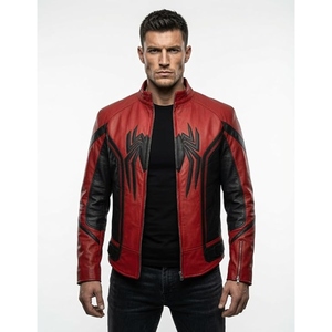 Blouson de motard en cuir rouge et noir personnalisé, blouson de course moto avec motif araignée embossé, col montant, fermeture éclair, streetwear OEM - Product Image 2
