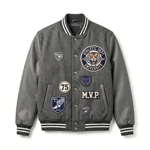Chaqueta Varsity Gris para Hombre Dumela, Estilo Preppy, Parches Bordados, Cuello Camisero, Ropa de Invierno, Resistente al Viento, con Insignia - Product Image 1